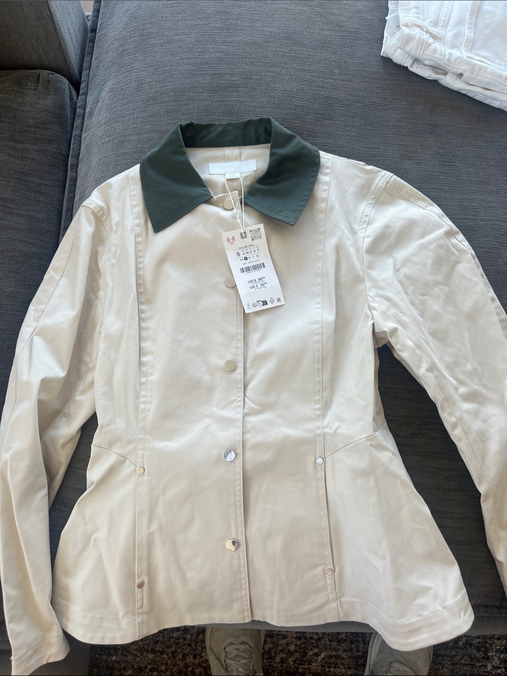 Zara Cream Utility Jacket with Dark Green Collar